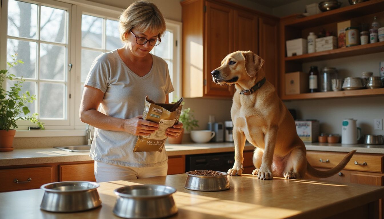 A woman in loungewear reads a dog food bag while her eager golden retriever anticipates nearby.
