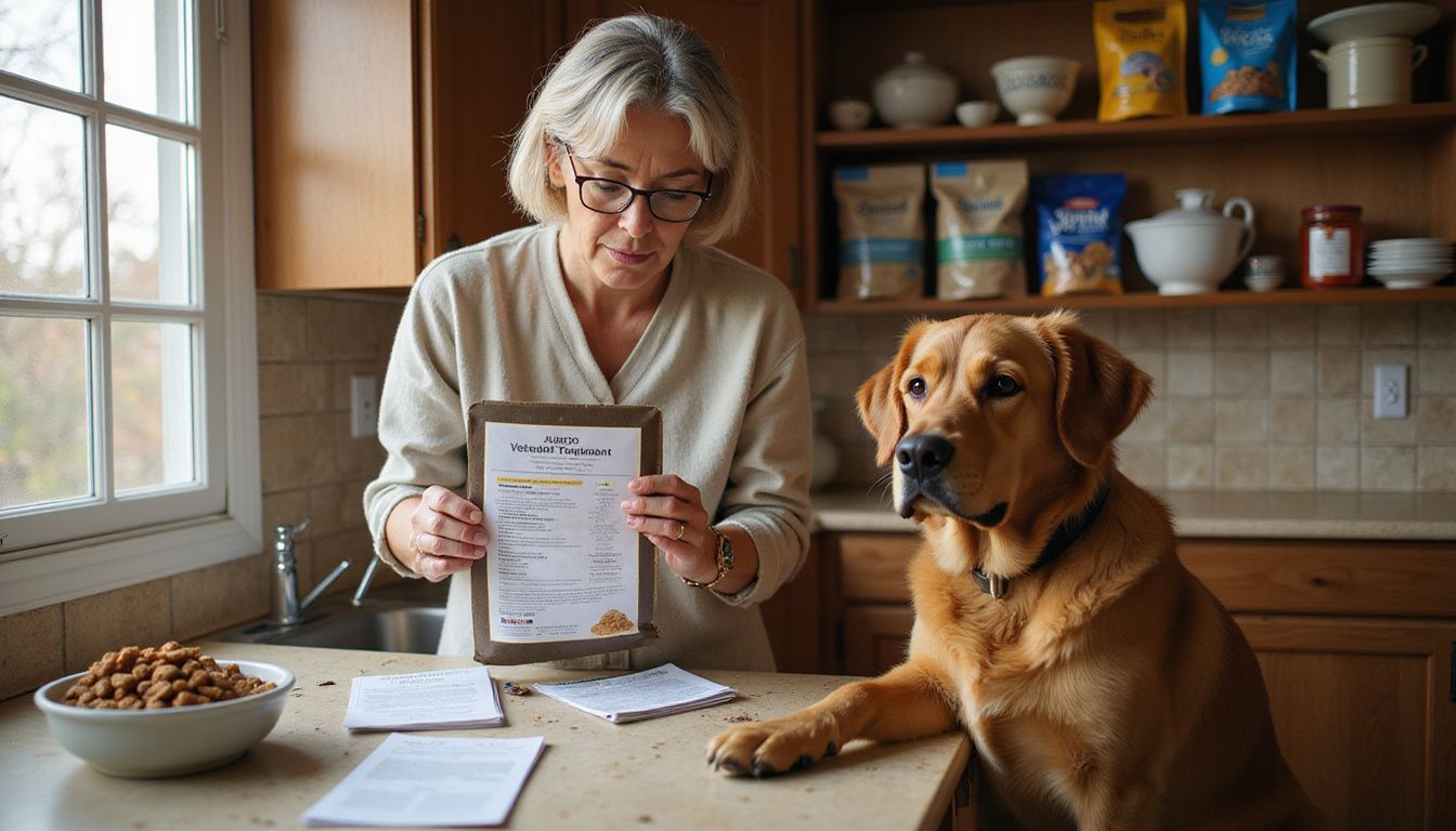 A woman examines dog food ingredients while her golden retriever waits patiently beside her in a cluttered kitchen.