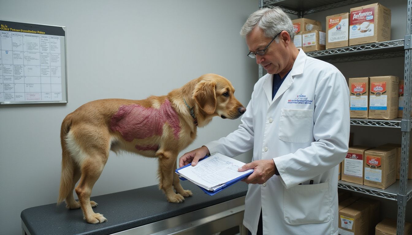 A veterinarian examines a Golden Retriever with skin issues in a veterinary examination room.