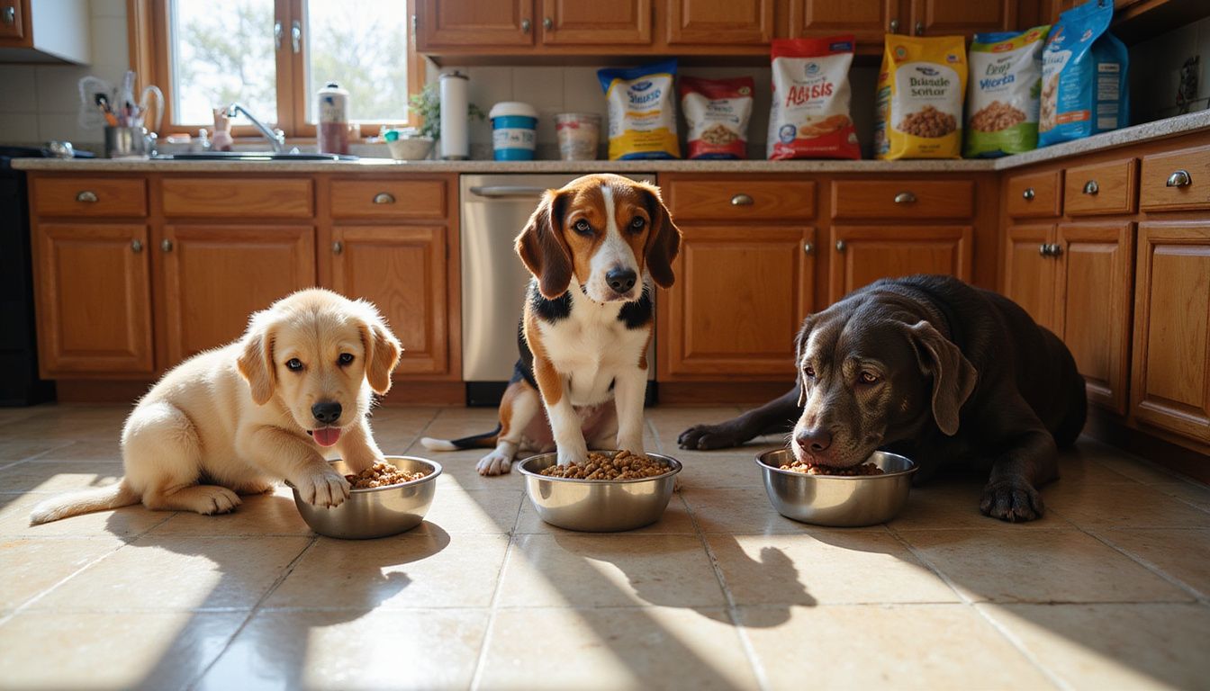 A candid kitchen scene features three dogs of different ages eating from their bowls on ceramic tile flooring.