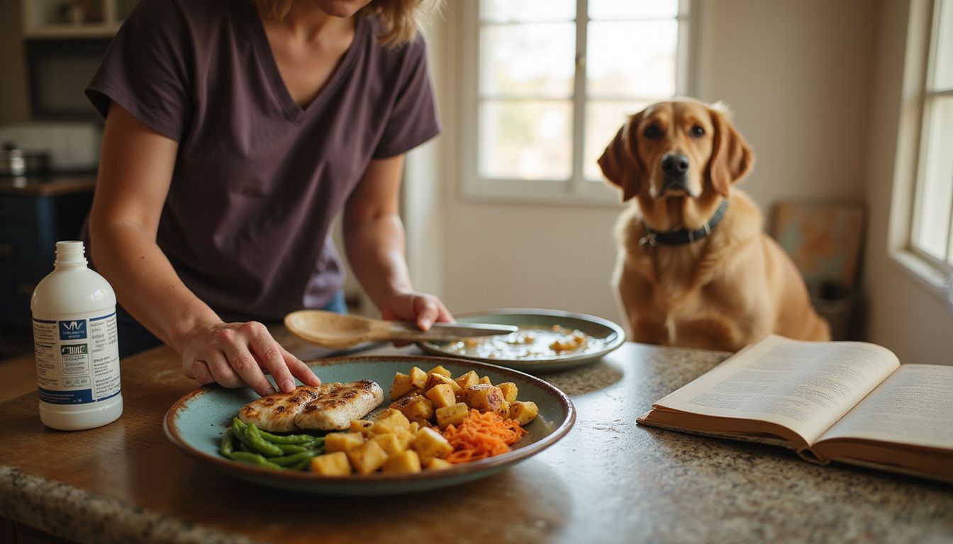 A woman prepares a nutritious meal for her golden retriever on a rustic kitchen countertop.