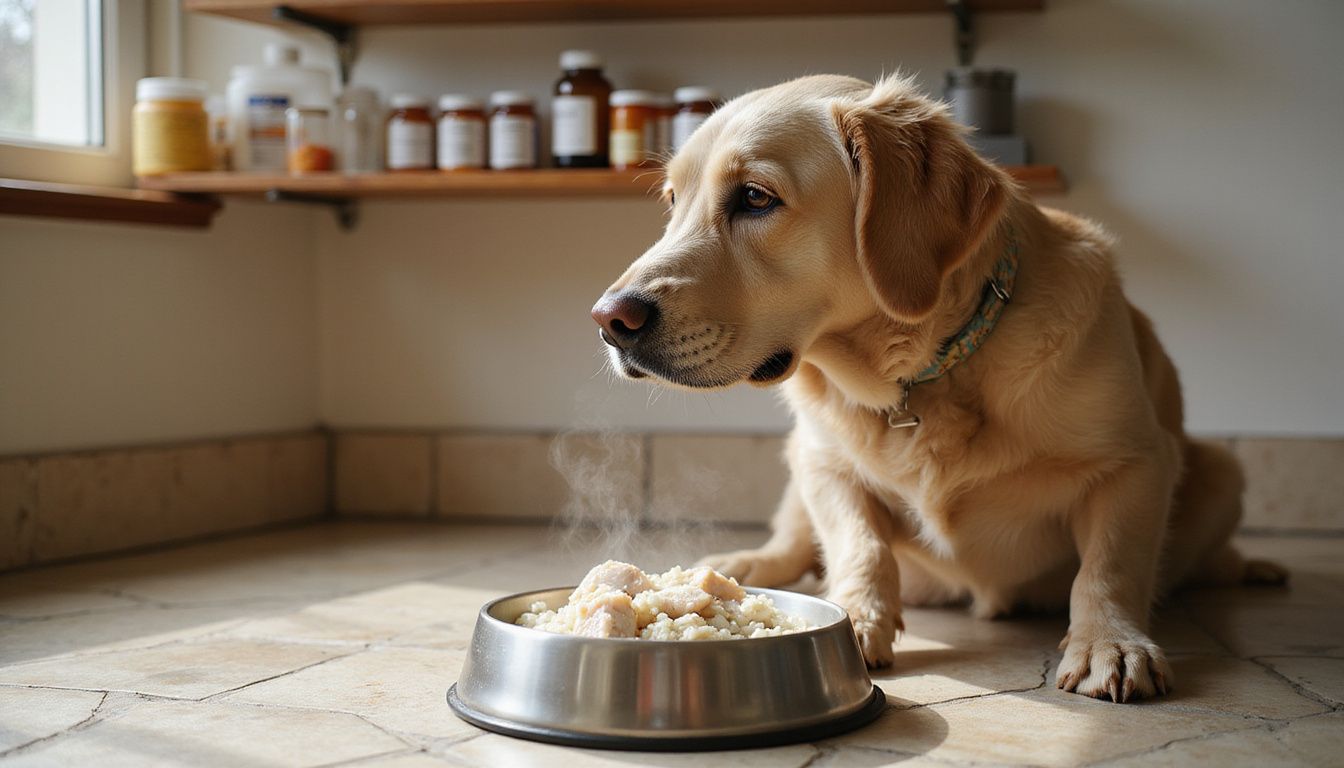 A senior golden retriever eagerly awaits its meal of poached chicken and rice in a cozy kitchen setting.