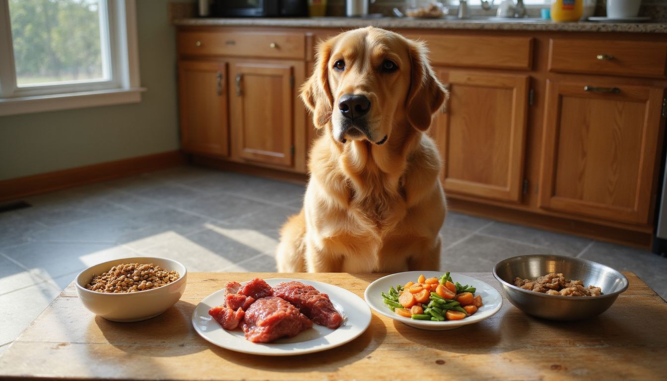 A golden retriever eagerly observes a variety of dog food bowls arranged on a rustic oak countertop.