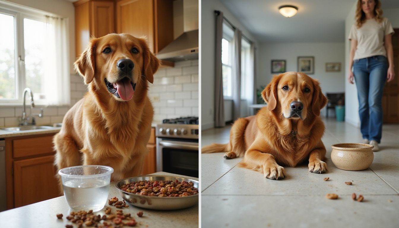 A golden retriever is depicted in contrasting states of alertness and lethargy, highlighting its changing condition and environment.