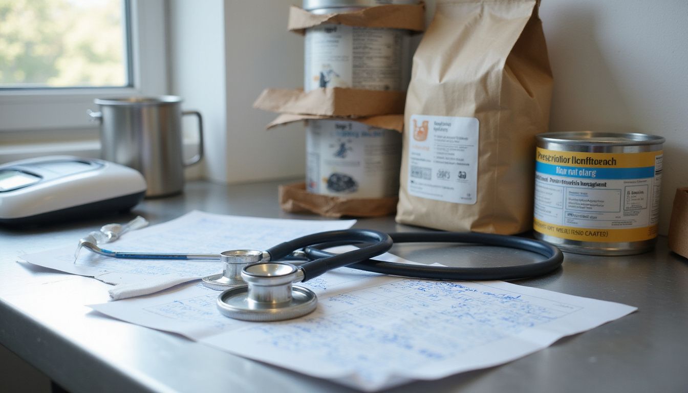 A stainless steel veterinary examination table displays medical tools and nutritional materials, reflecting an active veterinary clinic environment.