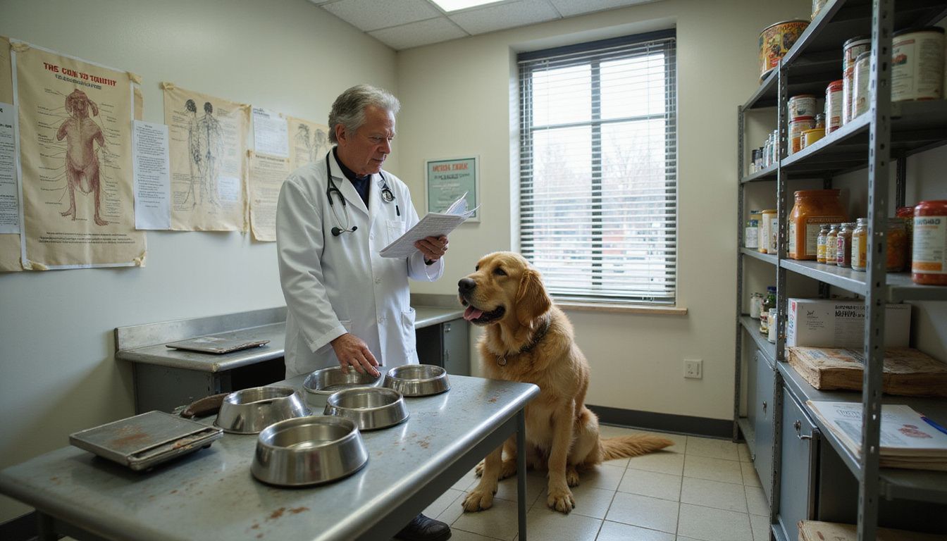 A middle-aged veterinarian educates about nutrition while an overweight Golden Retriever attentively watches in a cramped examination room.
