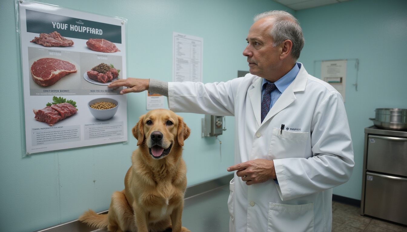 A concerned veterinarian discusses pet nutrition in a sterile examination room with a tense golden retriever on the table.
