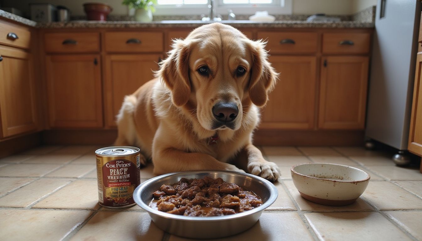A senior golden retriever eagerly awaits its meal beside a bowl of wet dog food in a cozy kitchen.