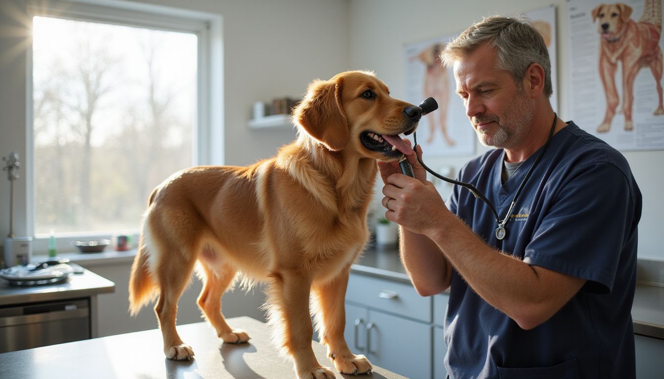 A golden retriever calmly receives an ear examination from a seasoned veterinarian in a veterinary clinic.
