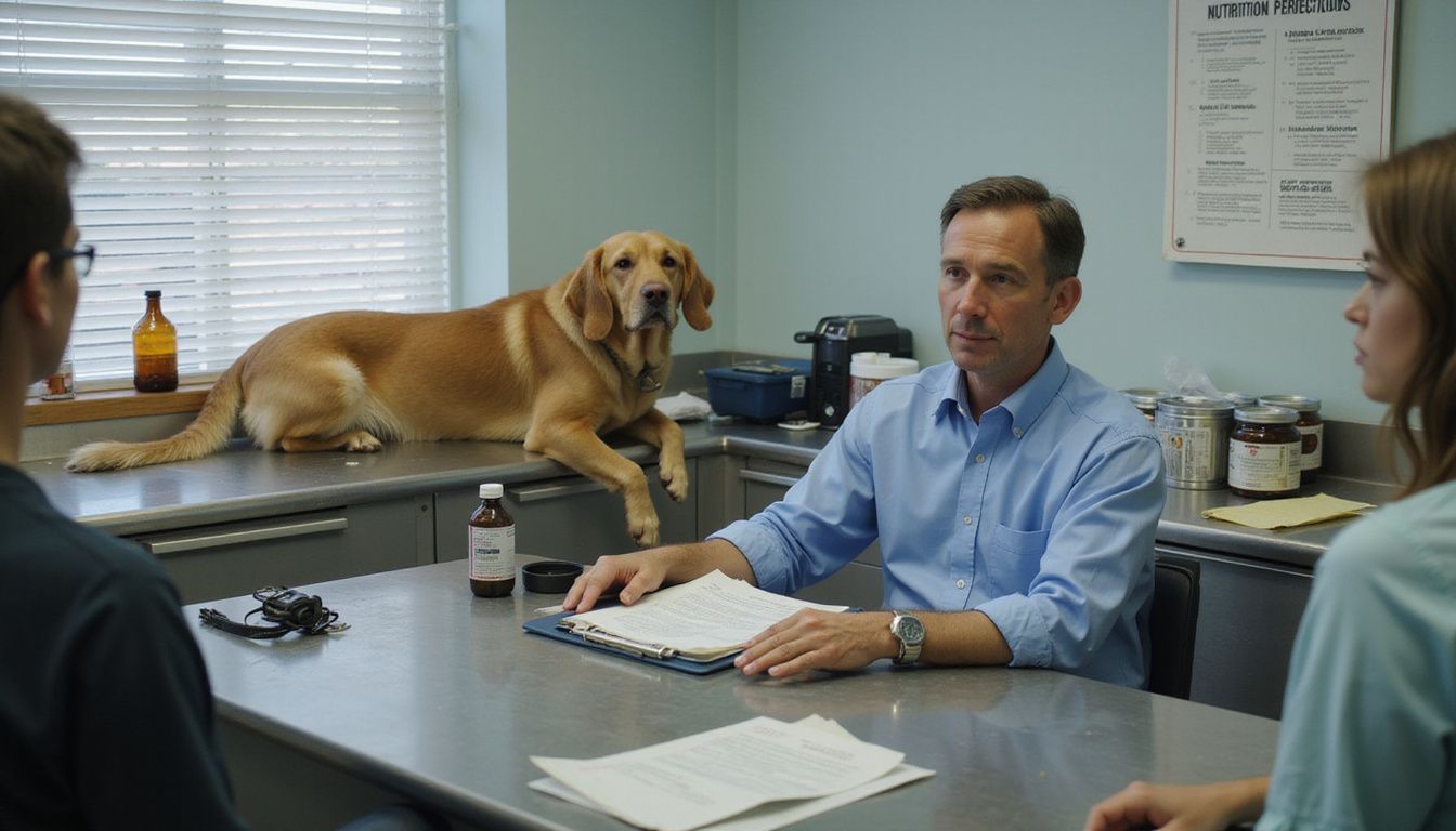 A veterinarian discusses allergy test results with a concerned dog owner in a well-used clinic featuring a Golden Retriever with skin issues.