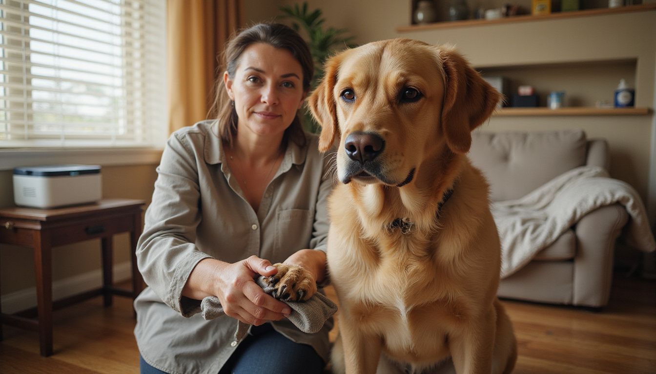 A woman tenderly cleans a golden retriever's muddy paws in a cozy living room.