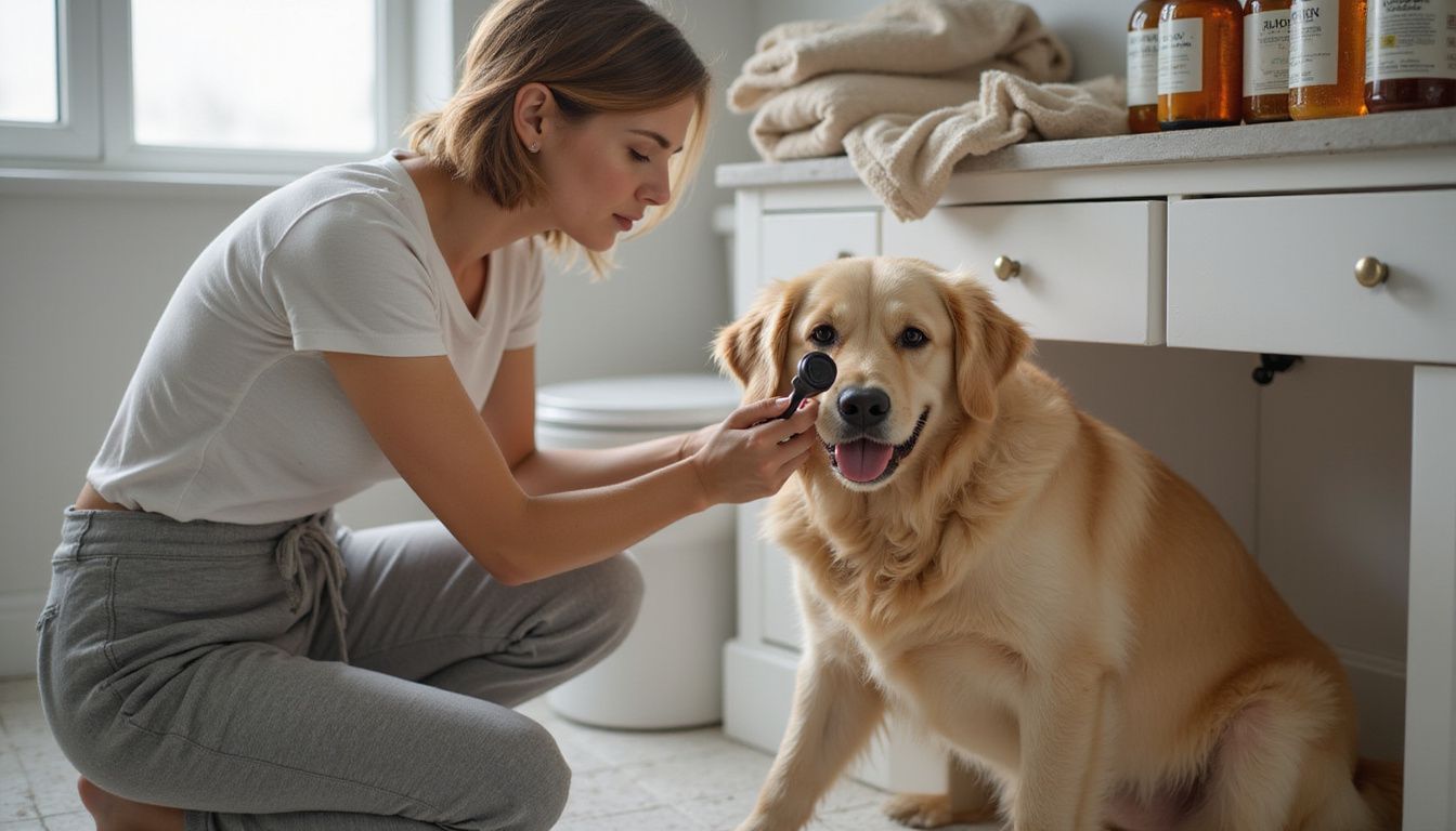 A woman gently examines her golden retriever's ear in a cozy bathroom, surrounded by pet care supplies.