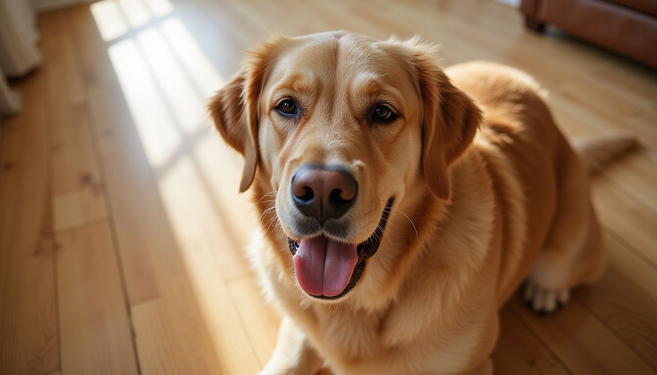 A Golden Retriever shows signs of acute otitis with inflamed ears, discomfort, and dark discharge in a cozy living room.