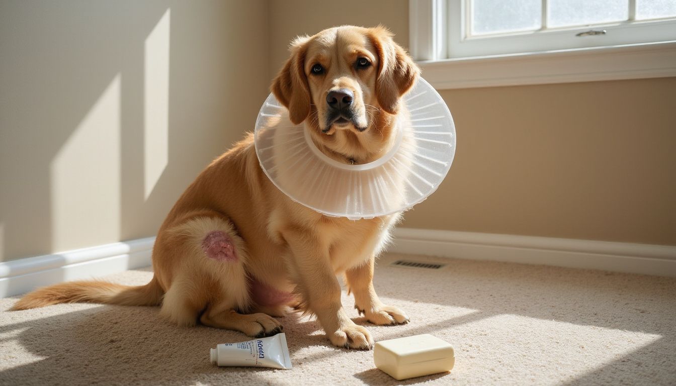 A golden retriever in an Elizabethan collar sits on a bathroom floor, showing a healing inflamed patch on its leg.