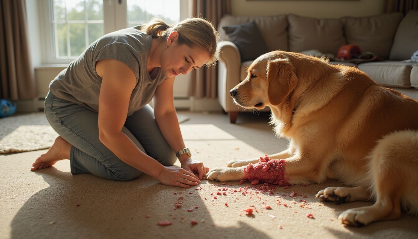 A concerned woman examines an inflamed patch on her golden retriever's hind leg while kneeling on the carpet.