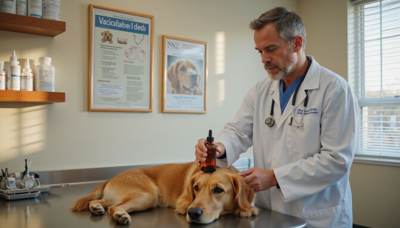 A veterinarian examines a golden retriever's ear while holding medication in a professional veterinary examination room.
