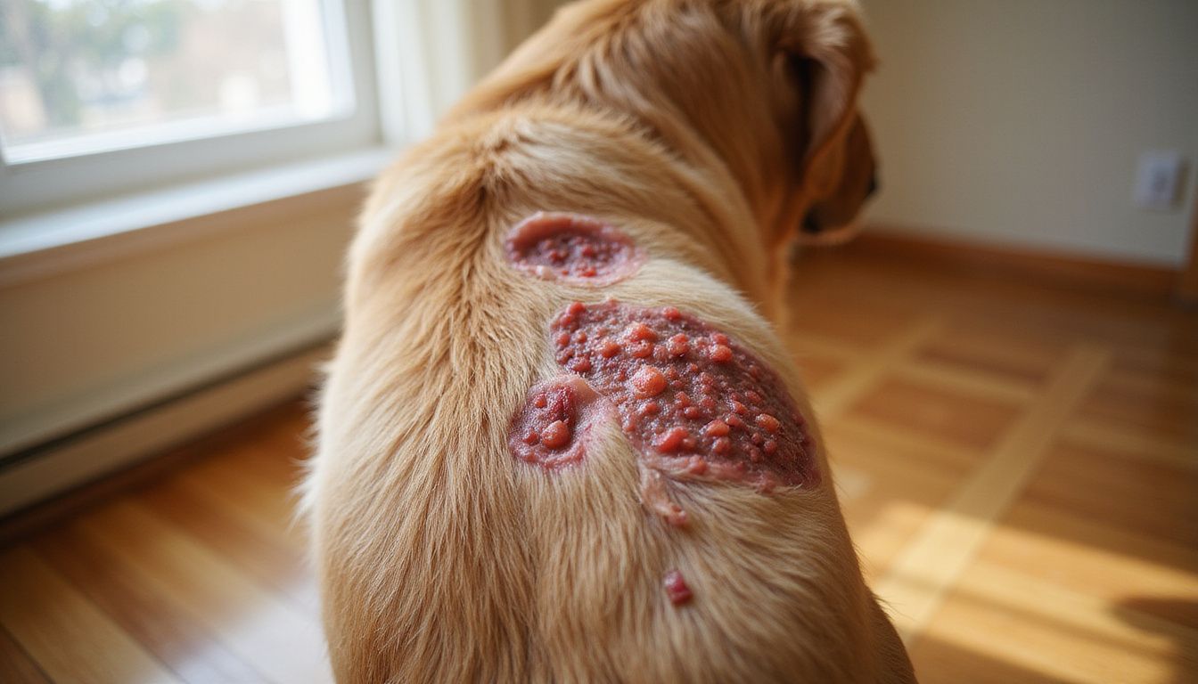 A golden retriever shows signs of inflamed, irritated skin with matted fur on its shoulder and neck.