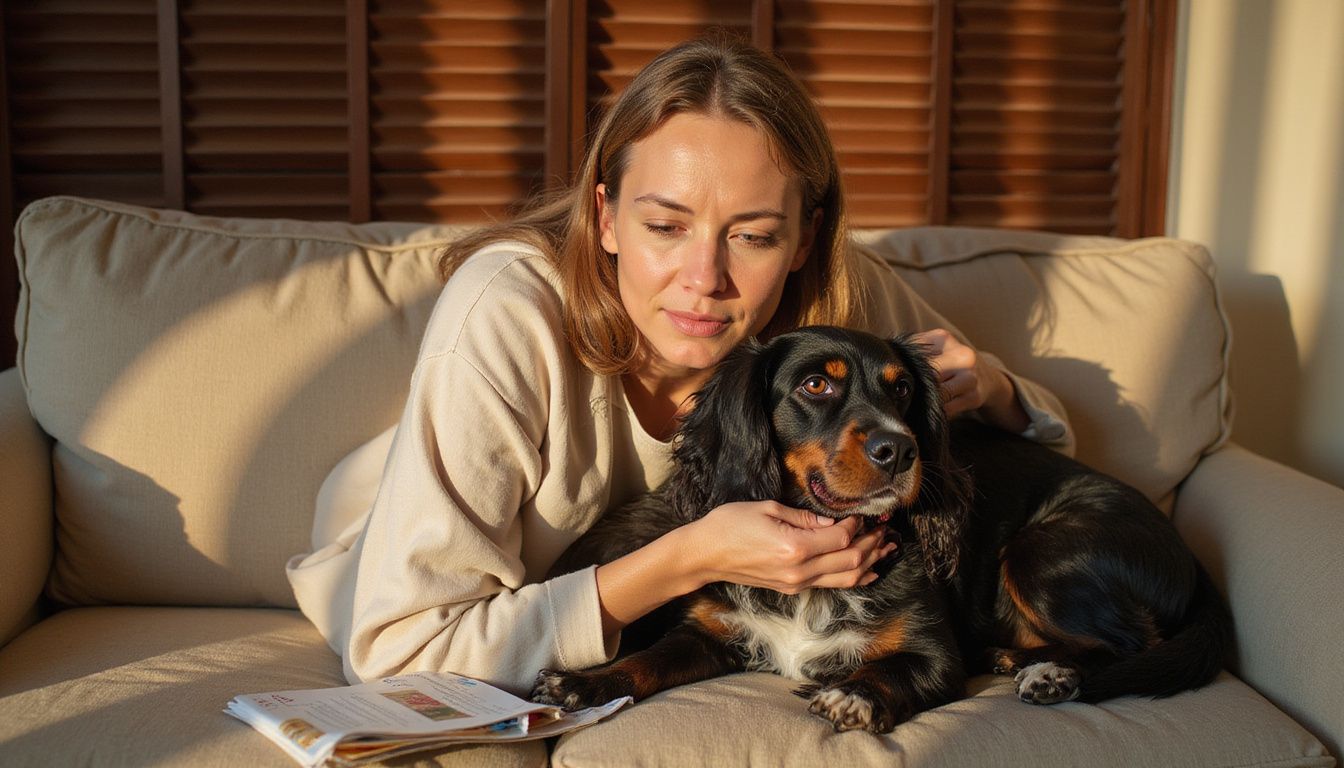 A concerned woman inspects her dog's inflamed ear while seated on a vintage couch, showcasing a caring pet-owner moment.