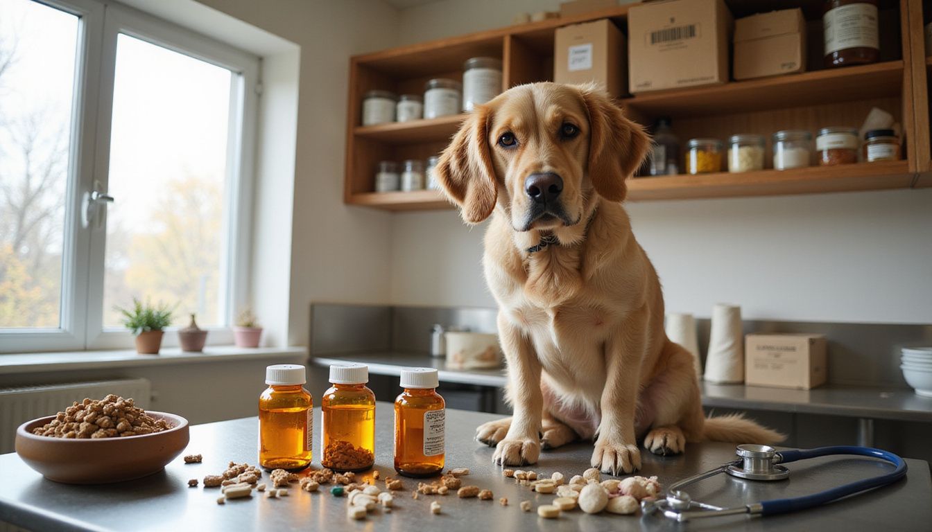 A Golden Retriever with irritated skin sits on a vet exam table surrounded by medical supplies and prescription bottles.