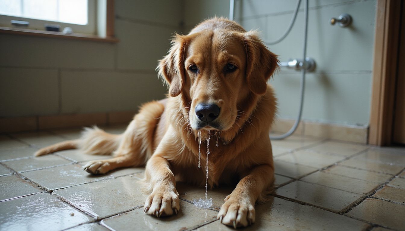 A wet golden retriever sits on a bathroom floor, showing discomfort while scratching its irritated ear.