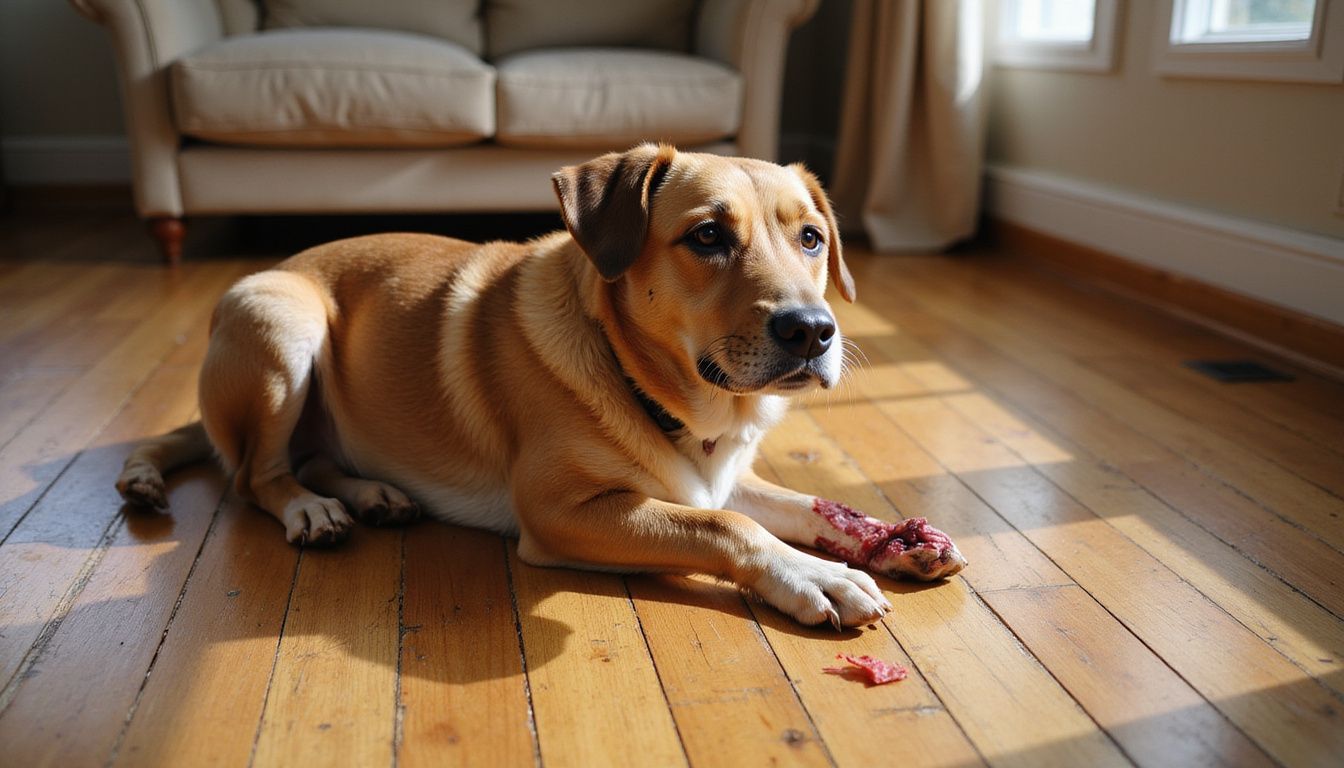 A distressed mixed breed dog scratches its irritated skin, revealing raw patches and matted fur on a hardwood floor.