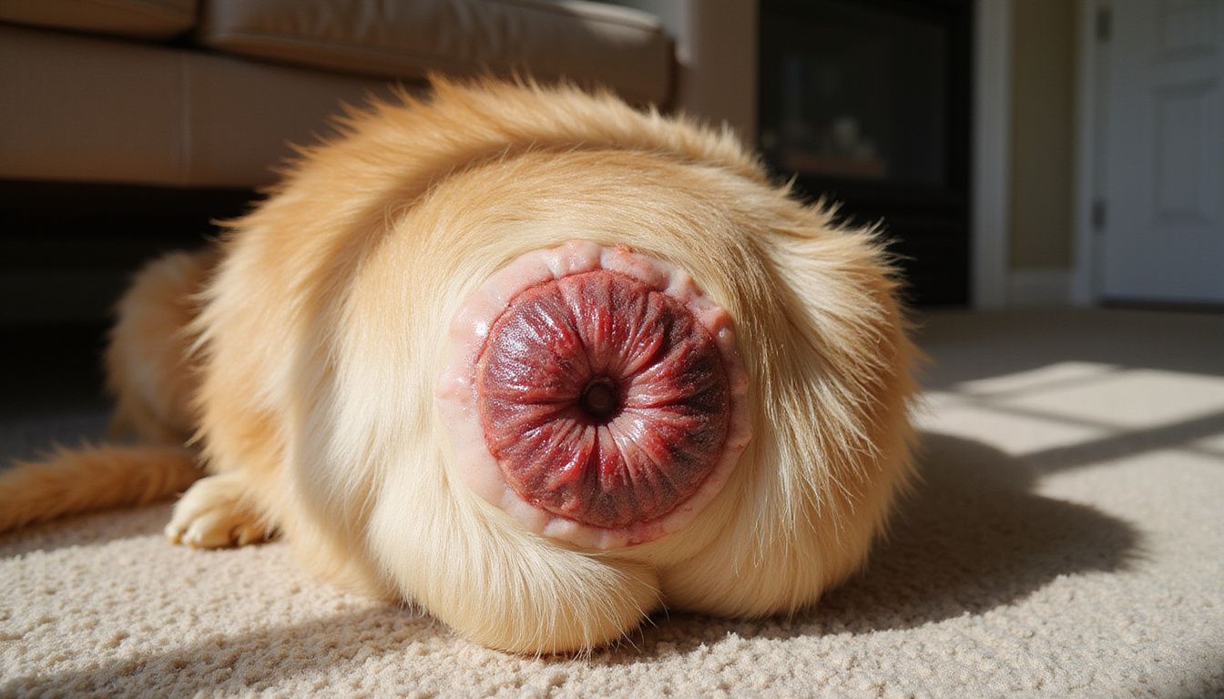 A golden retriever has a circular, inflamed dermatological lesion on its inner thigh with patchy fur loss and discharge.