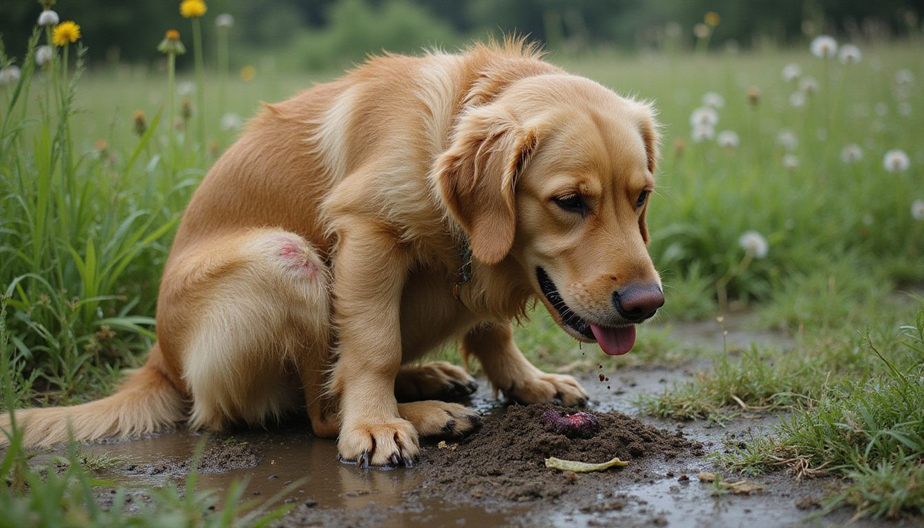 A golden retriever sits in damp grass, discomfortedly licking an inflamed patch on its hind leg.