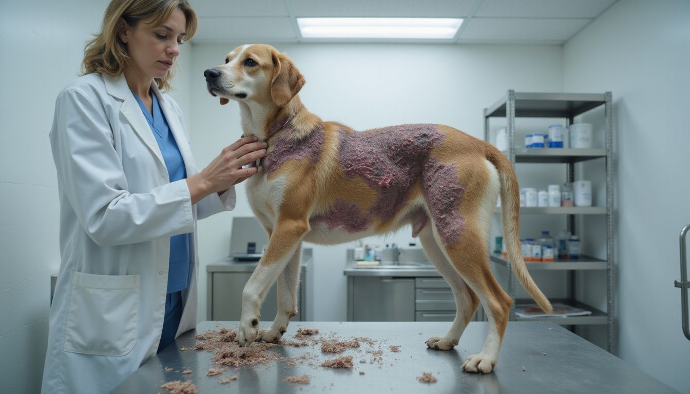 A concerned veterinarian examines a mixed-breed dog with severe skin issues on a stainless steel examination table.