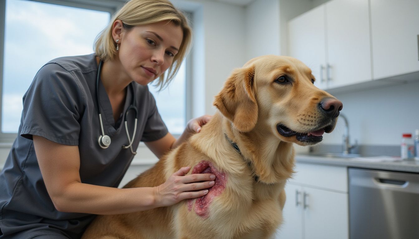 A veterinarian examines a golden retriever's inflamed skin in a veterinary clinic, showing concern for the dog's condition.