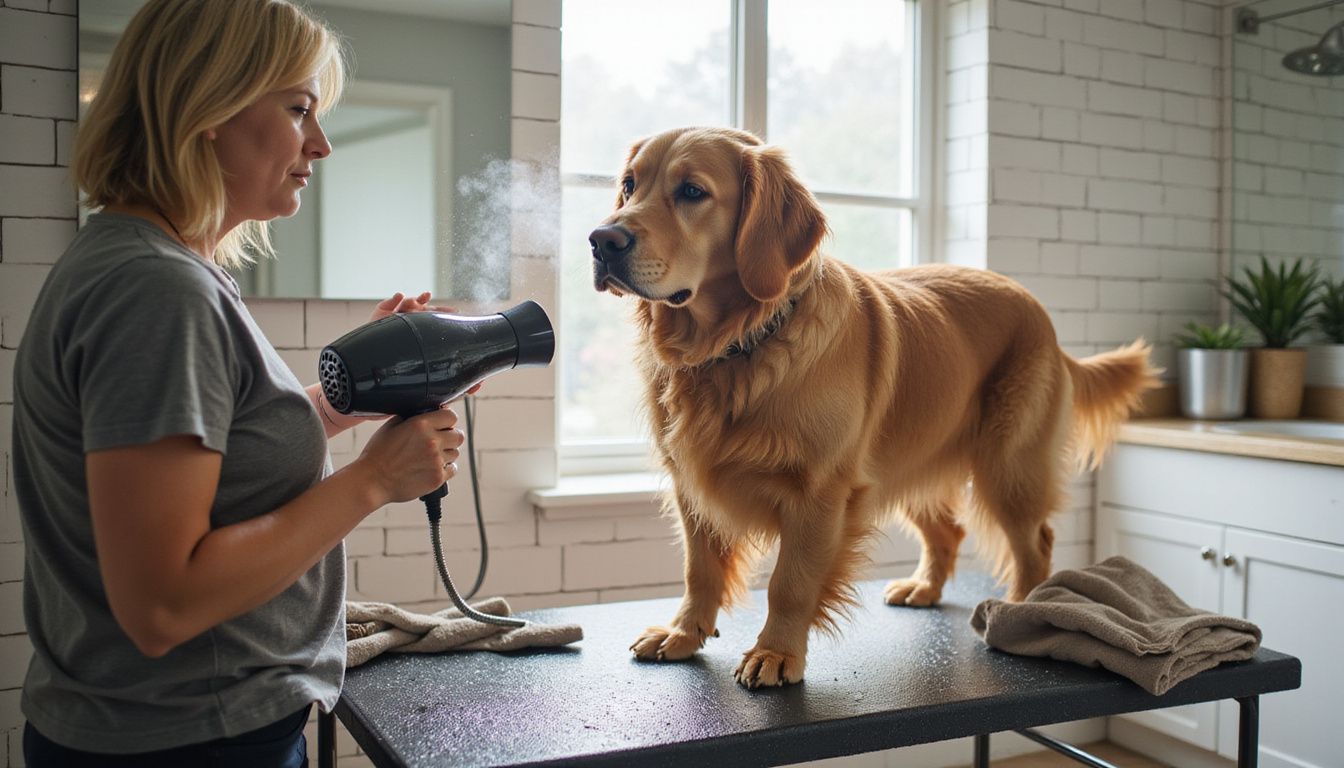 A golden retriever stands calmly on a grooming table while its owner uses a blow dryer to dry its wet fur.