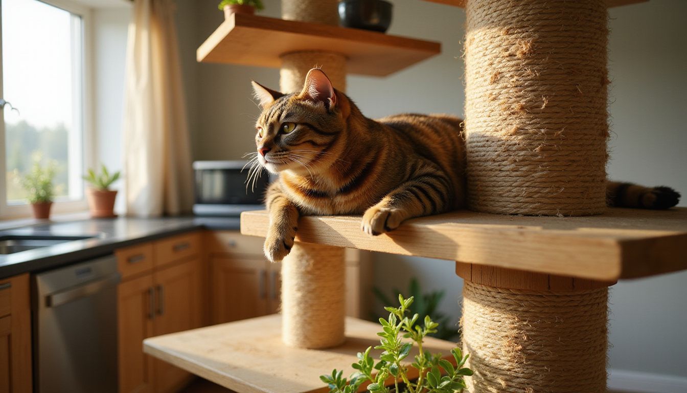 A relaxed tabby cat lounges on a multi-tiered wooden cat tree, surveying its surroundings from an elevated perch.