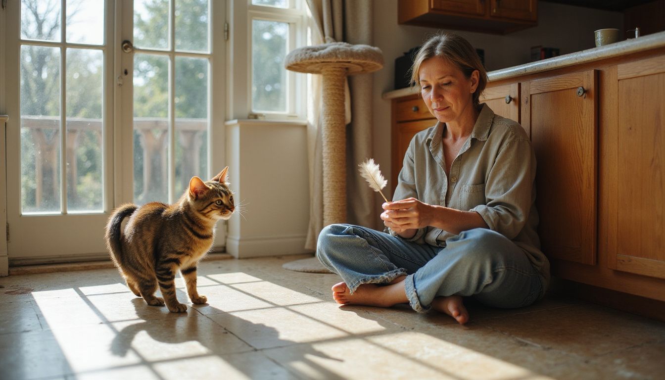 A middle-aged woman playfully engages with a pouncing tabby cat on a worn kitchen floor.