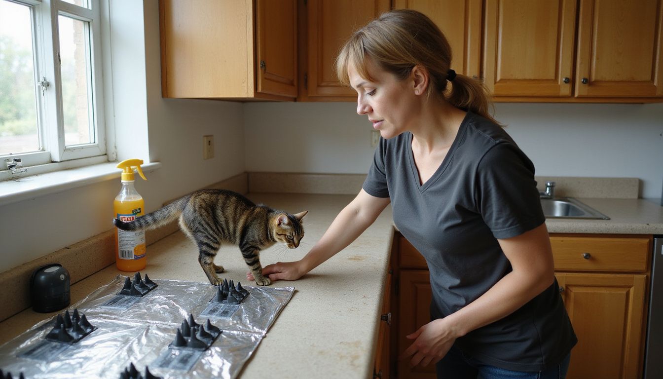 A concerned woman guides a hesitant tabby cat away from an uninviting kitchen counter filled with deterrents.