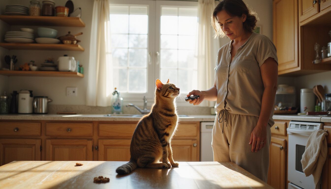 A middle-aged woman in loungewear interacts with her alert tabby cat in a lived-in kitchen.