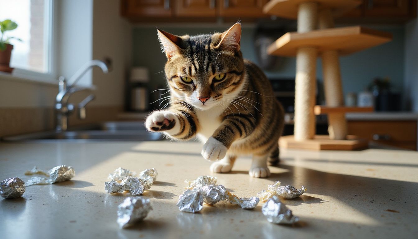 A cautious tabby cat hesitates with its paw raised above a cluttered kitchen counter scattered with crumpled foil.