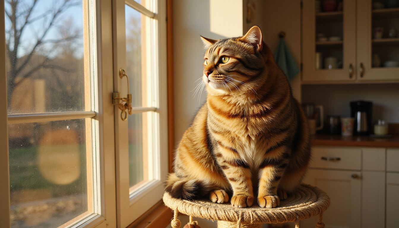 A plump tabby cat sits alert atop a multi-tiered wooden cat tree beside a large window, watching outside.