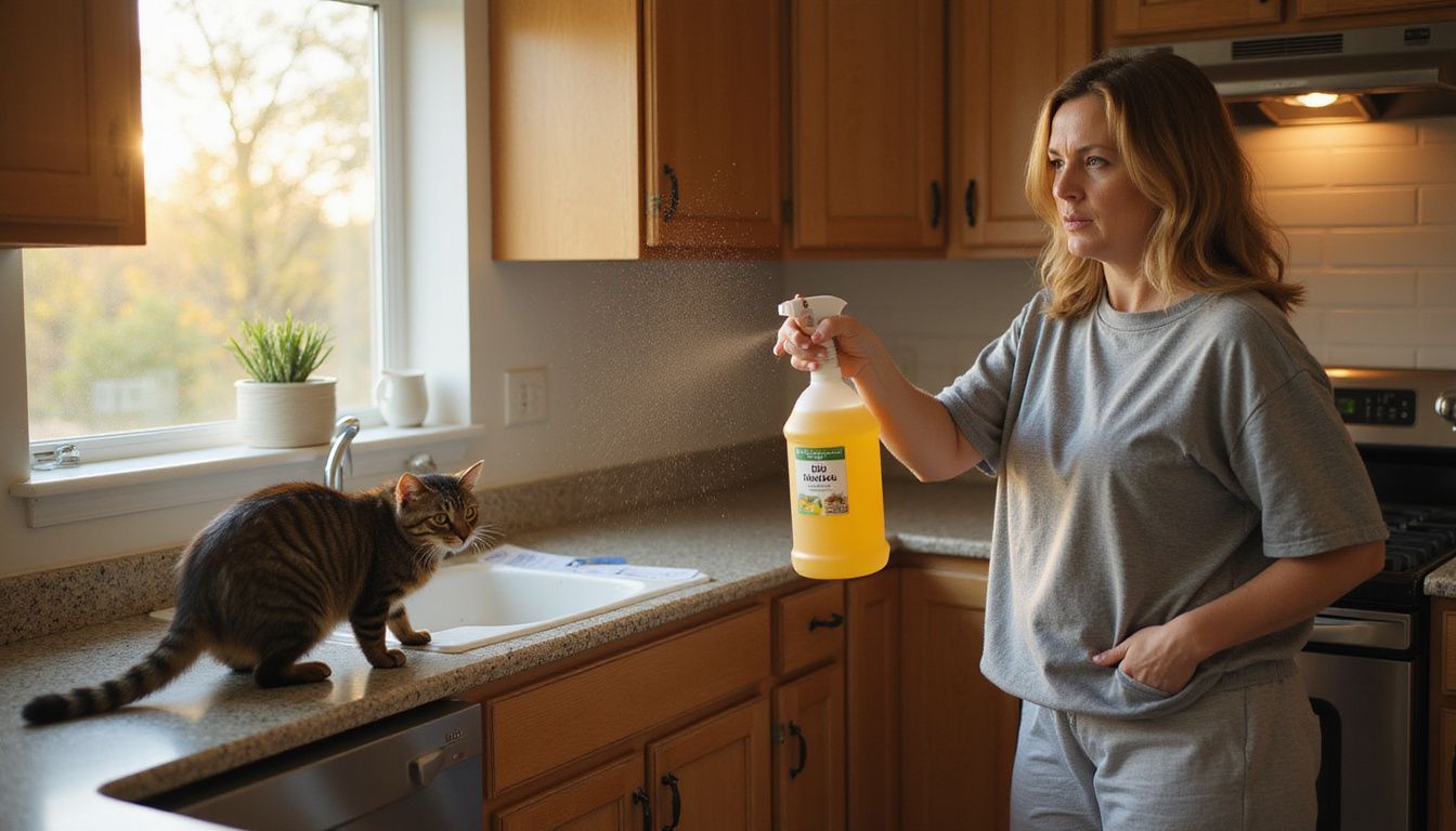 A woman sprays a citrus deterrent at a defensive tabby cat on a kitchen countertop filled with everyday items.