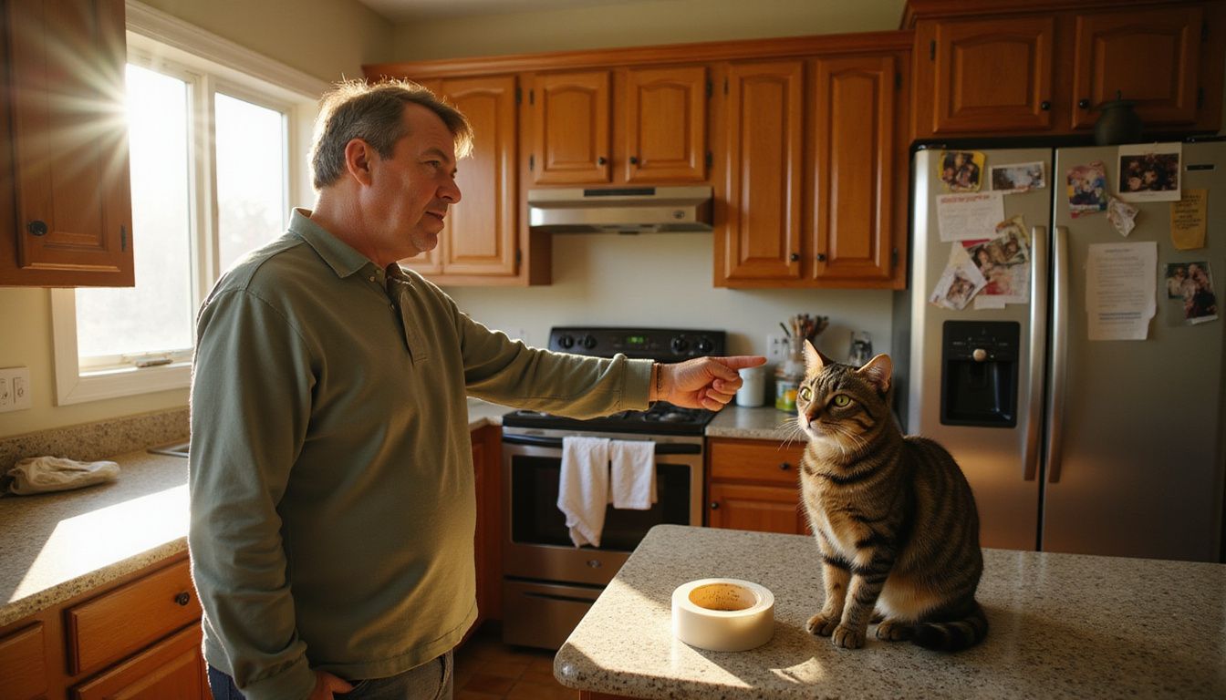 A middle-aged person confidently points at a focused tabby cat in a lived-in kitchen filled with personal clutter.