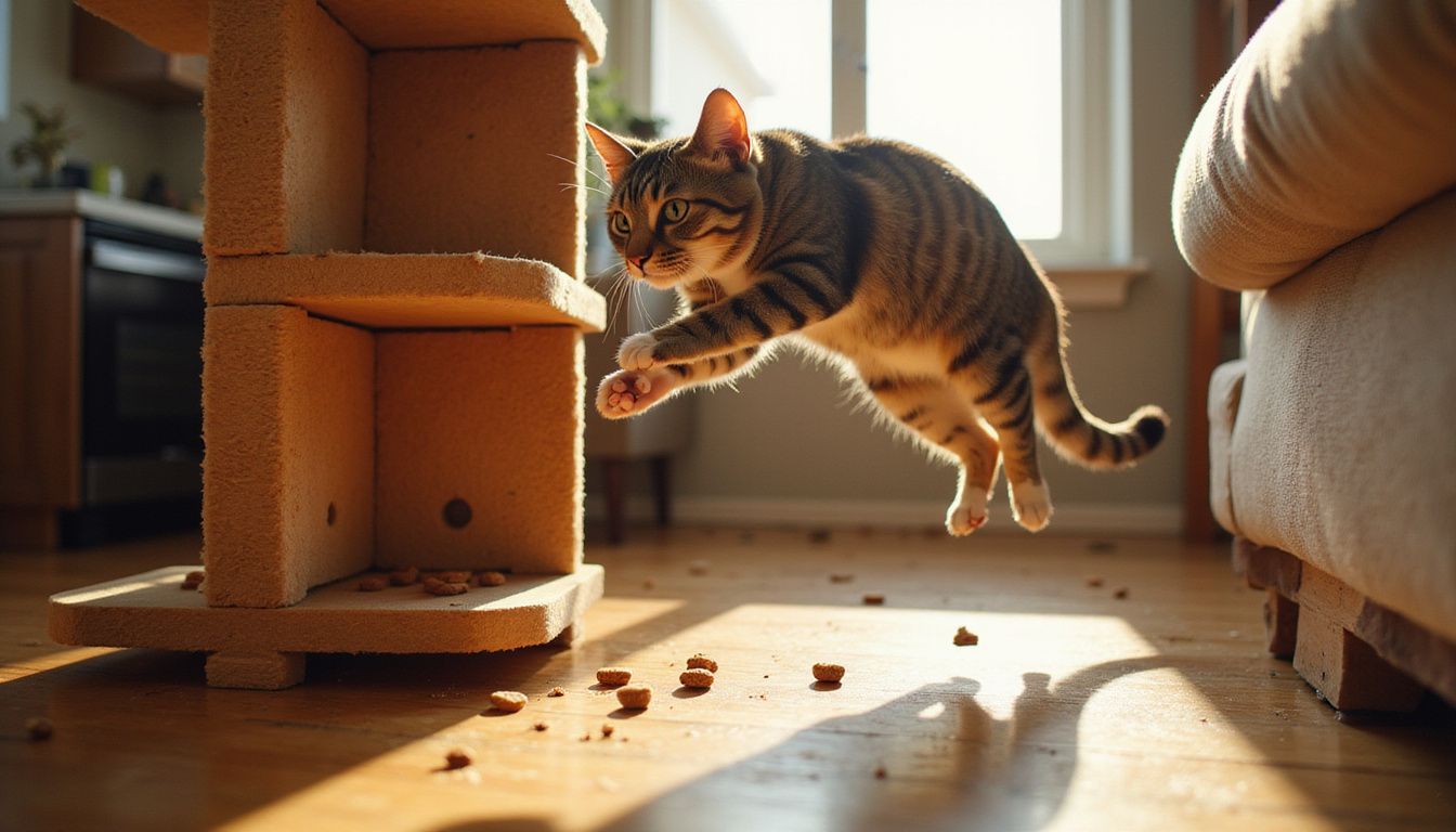 A tabby cat leaps gracefully toward a multi-tiered wooden cat tree, showcasing its athleticism and focus.