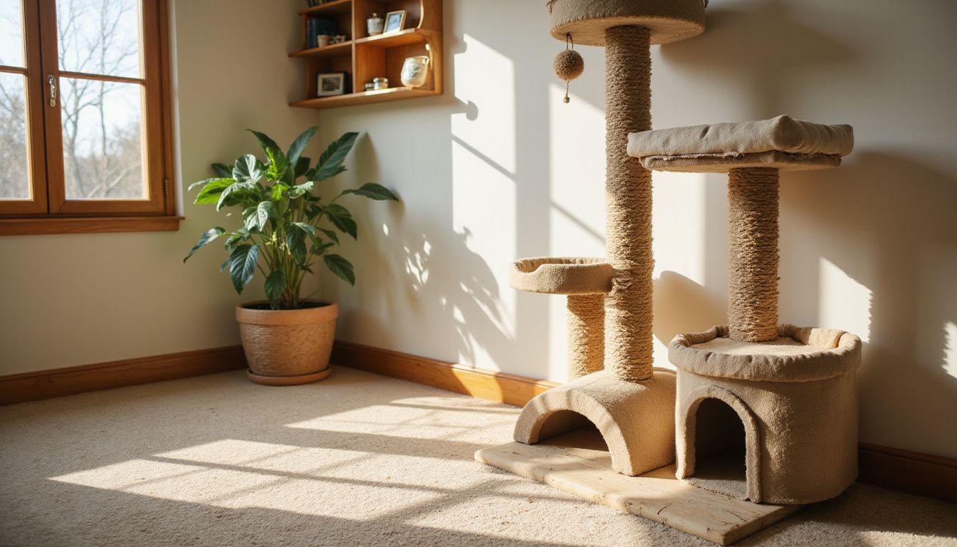 A cozy living room corner featuring a cat tree, wooden shelves, and a potted plant, showcasing a lived-in feel.