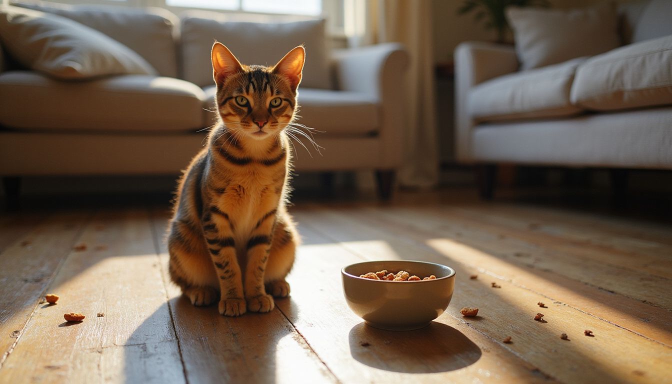 A poised tabby cat eagerly watches a clicker while sitting on worn hardwood flooring near a bowl of treats.