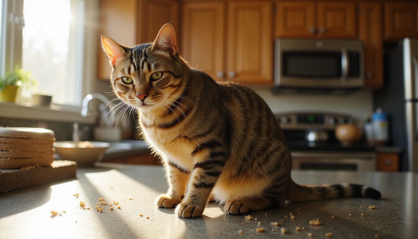 A muscular tabby cat sits alertly on a kitchen counter, displaying a dominant posture and sharp focus.