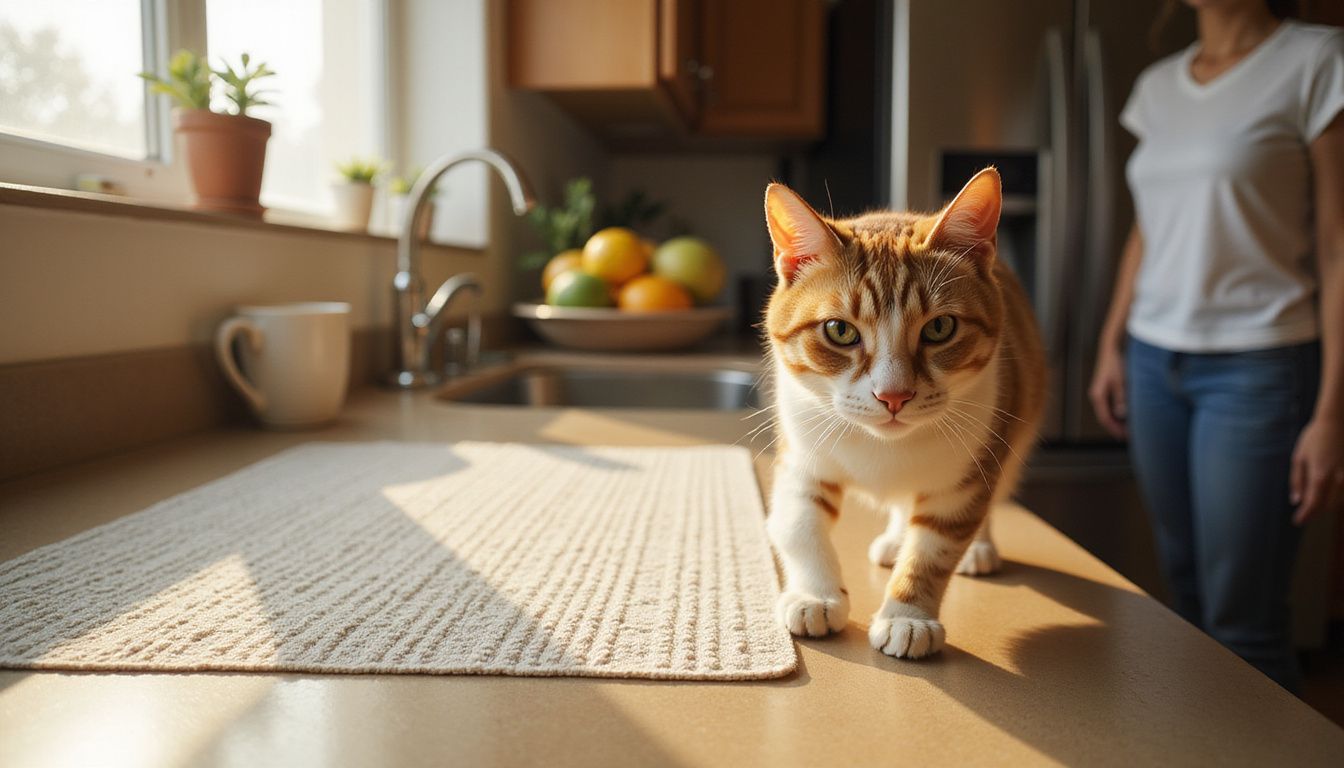 A curious tabby cat cautiously approaches a kitchen countertop with various everyday items and a relaxed woman in the background.