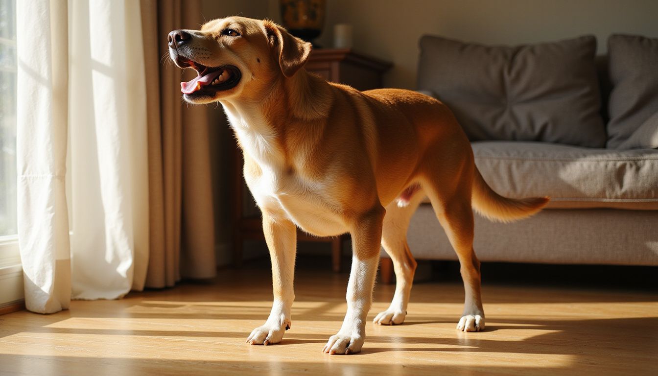 A muscular dog barks in a sunlit living room.