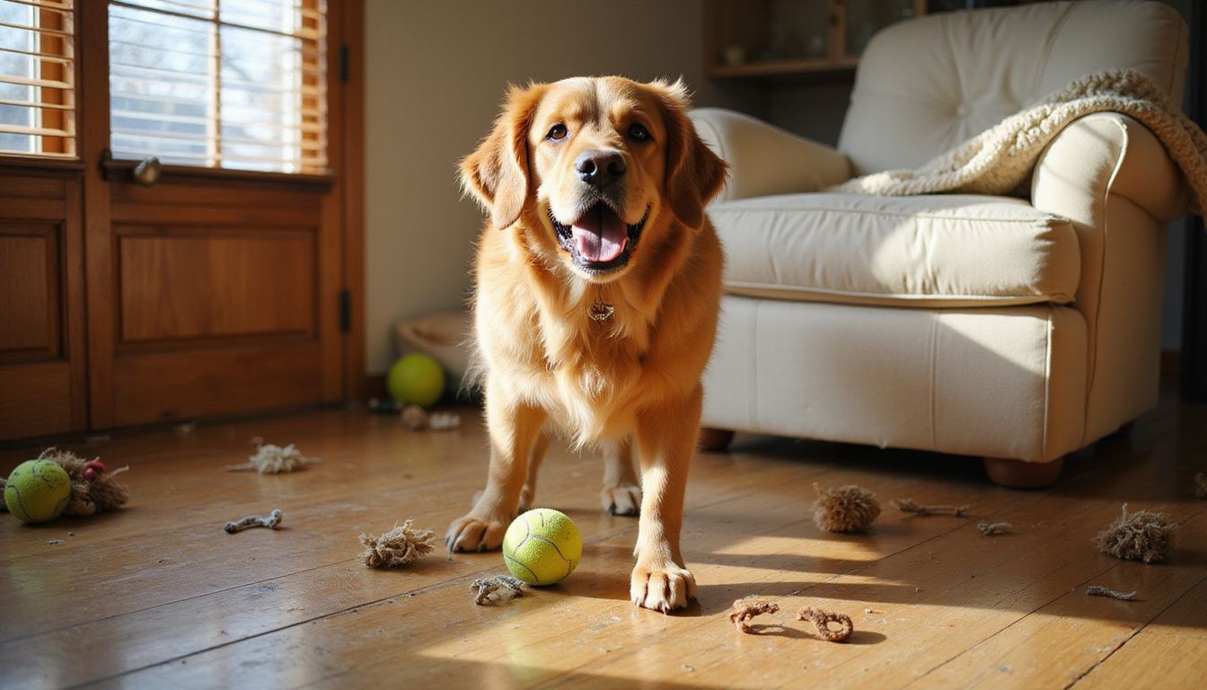 A golden retriever barks excitedly in a cozy living room.