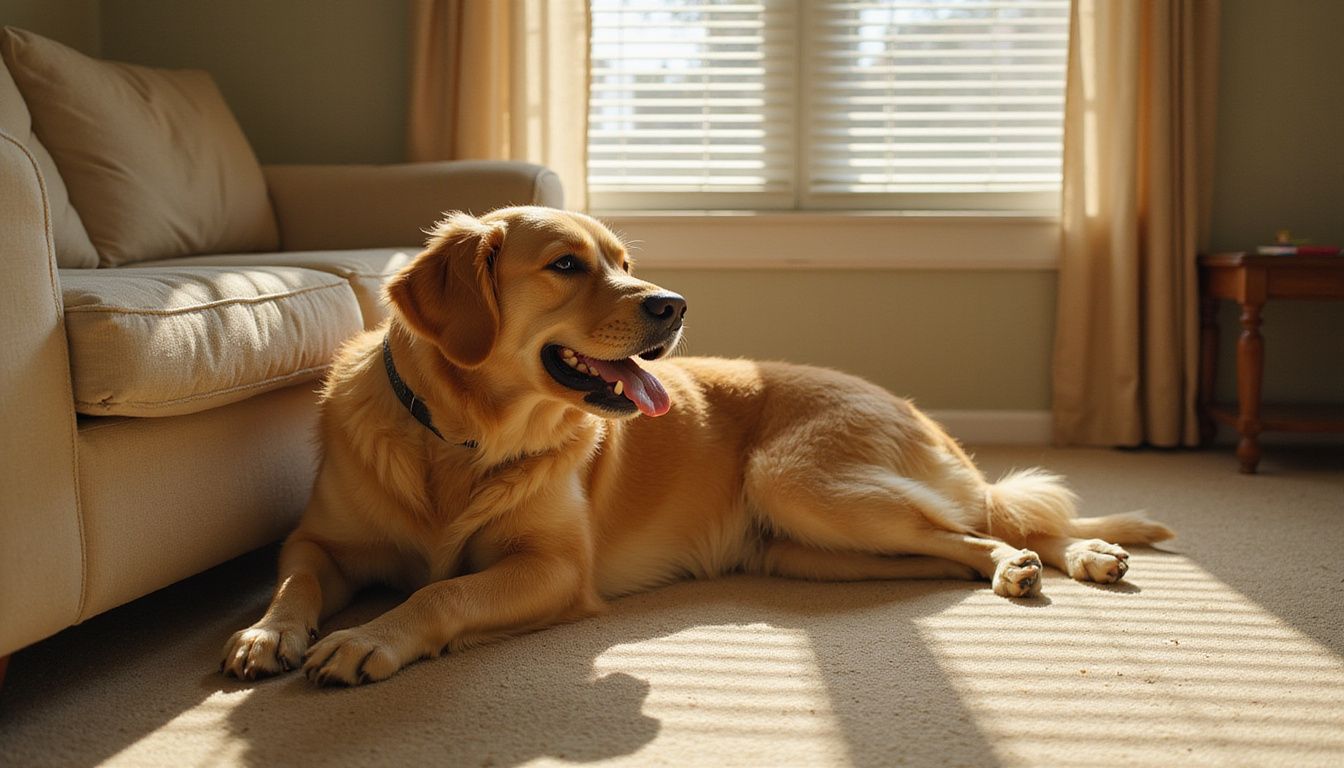 A tired golden retriever rests on a worn carpet in a living room.