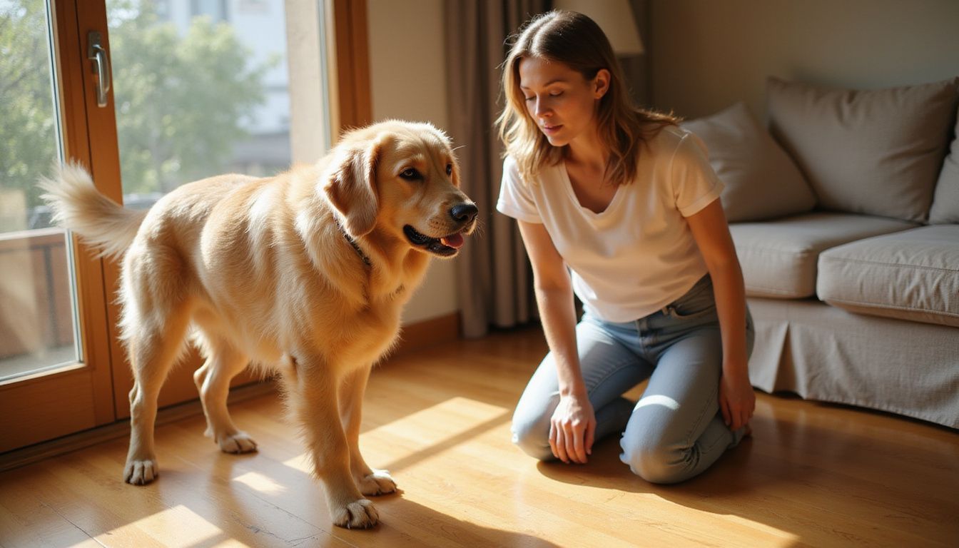 A distressed golden retriever is approached calmly by a woman.