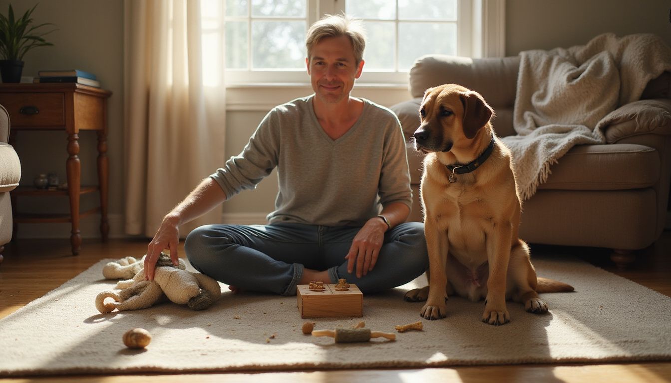A middle-aged person trains their attentive dog with a puzzle toy.