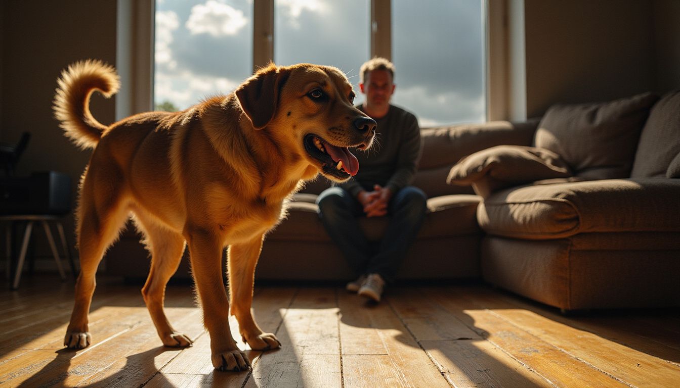 A frightened dog barks amid a storm, while a concerned man watches.
