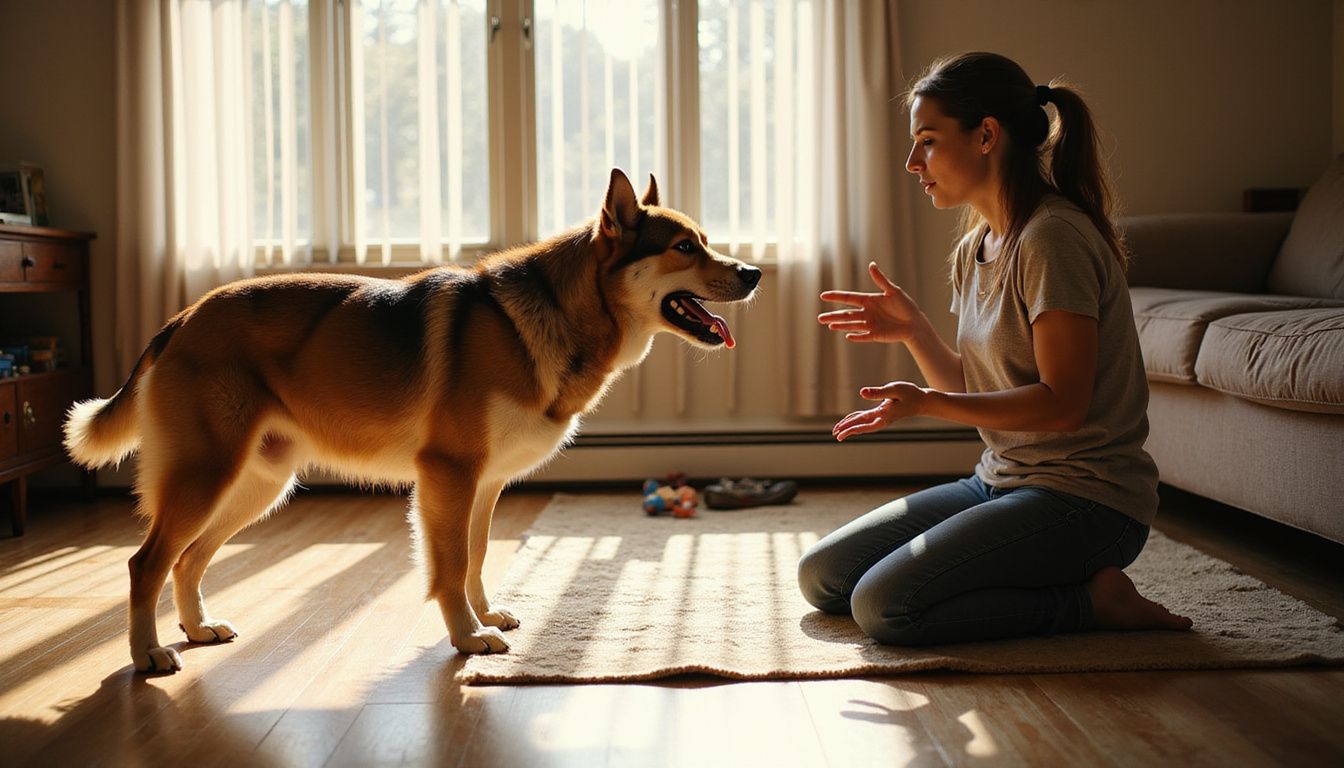 A tense dog barks while a concerned woman kneels nearby.